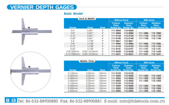 Hight Quality Basic Model Vernier Depth Gauges/ Depth Caliper 0-500mm, with/Without Hook